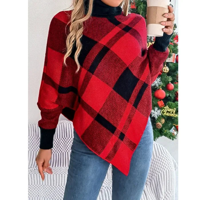 Casual Christmas Sweater Women Clothing Color Contrasting Checkered High Collar Long Sleeve Hooded Tops Y2k 2024 Autumn/Winter