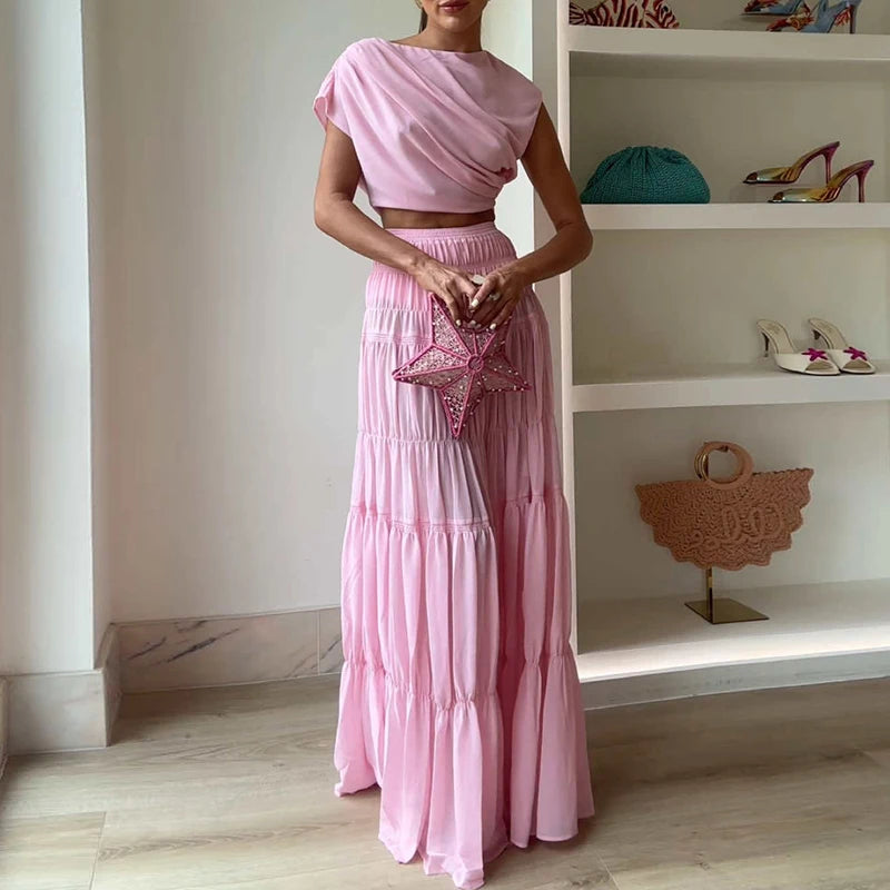 Female Casual O Neck Short Sleeved Top and Long Skirt Suit Fashion Pleated Party Outfits Pink Hollow Crop Holiday Two Piece Set