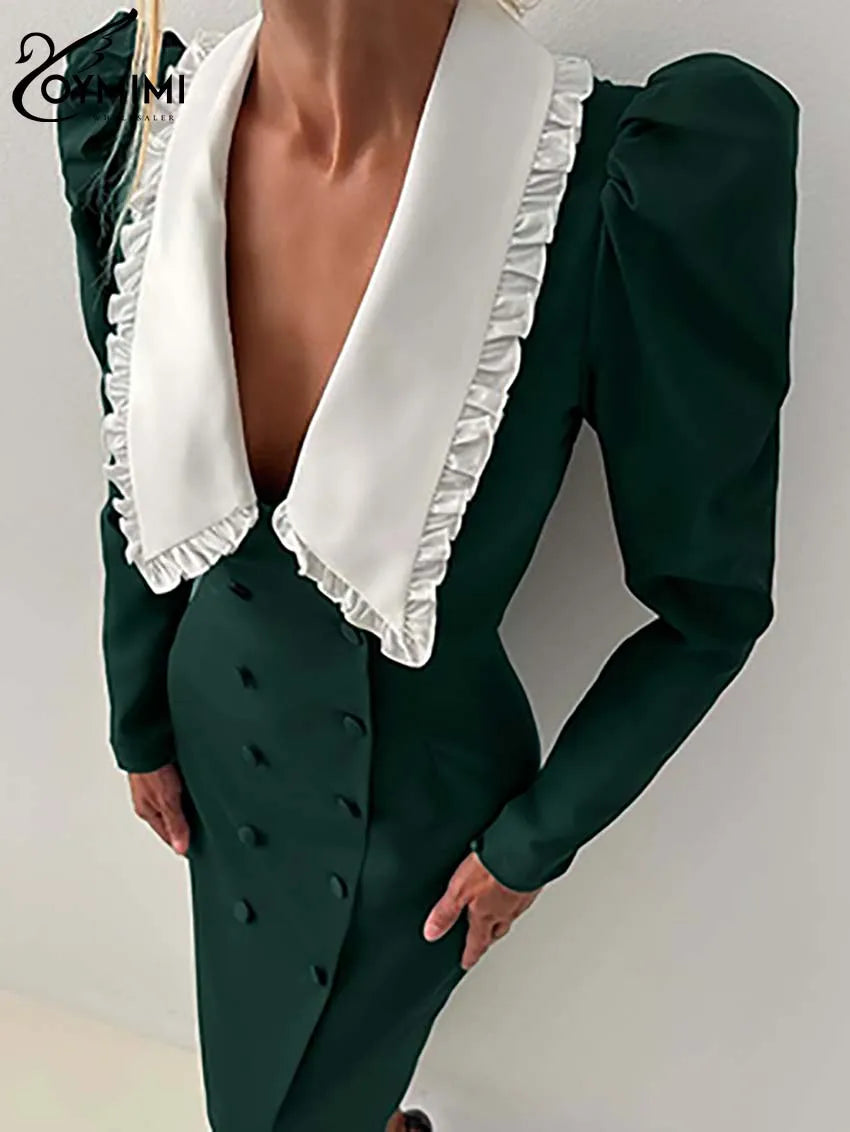 Oymimi Fashion Green Patchwork Womens Dresses Elegant Peter Pan Collar Long Sleeve Dresses Casual Slim Double Breasted Dress