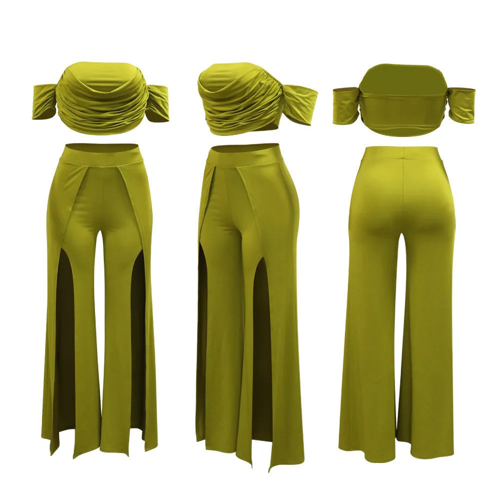 CM.YAYA Women's Set Short Sleeve Slash Neck Ruched Tops and Wide Leg split Pants 2024 Street Two 2 Piece Sets Outfit Tracksuits