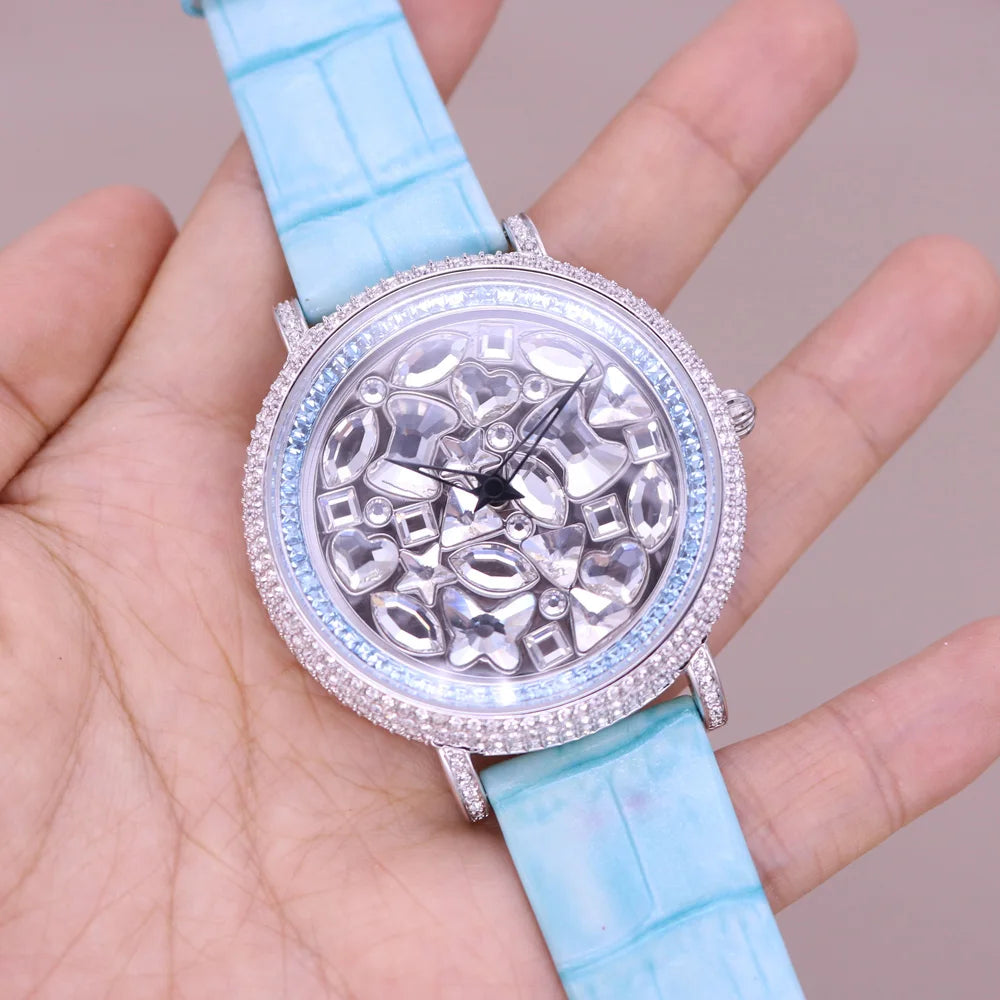 Luxury Davena Spin Snow Flower Women's Watch Japan Mov't Crystal Lady Hours Fine Fashion Real Leather Bracelet Girl's Gift Box