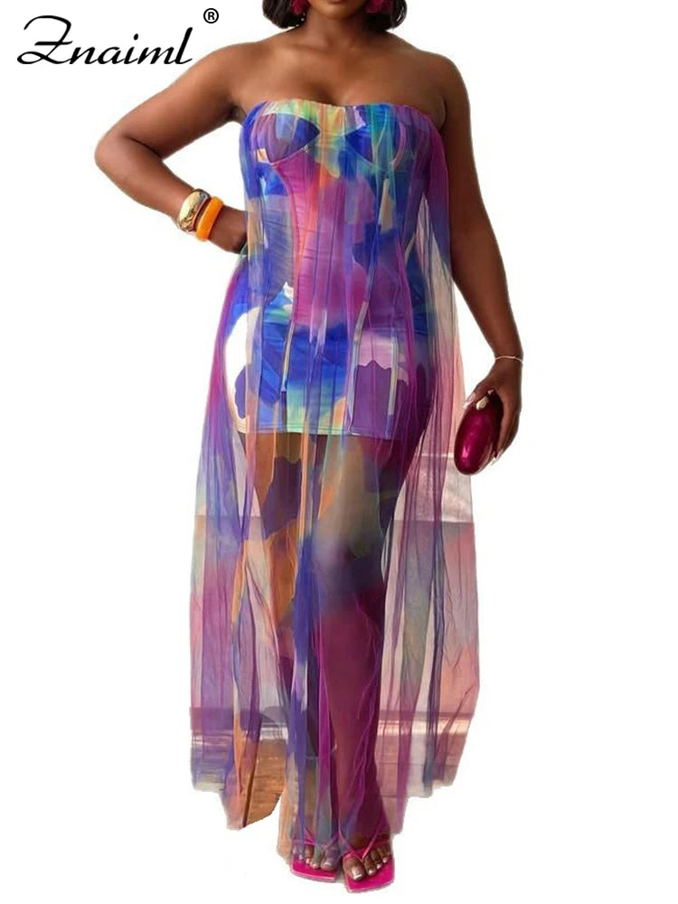 Znaiml Summer Tie Dye Print Women Colorful Off Shoulder Wrapped Chest Dress with Mesh See Through Birthday Vacation Long Dresses