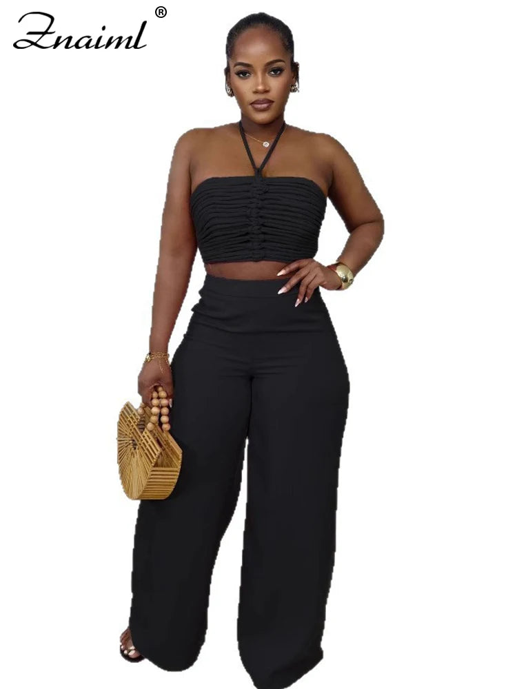Znaiml Halter Sleeveless Ruched Crop Top and Wide Leg Pants 2 Piece Sets Woman Summer Sexy Beach Paarty Night Club Outfit 2025