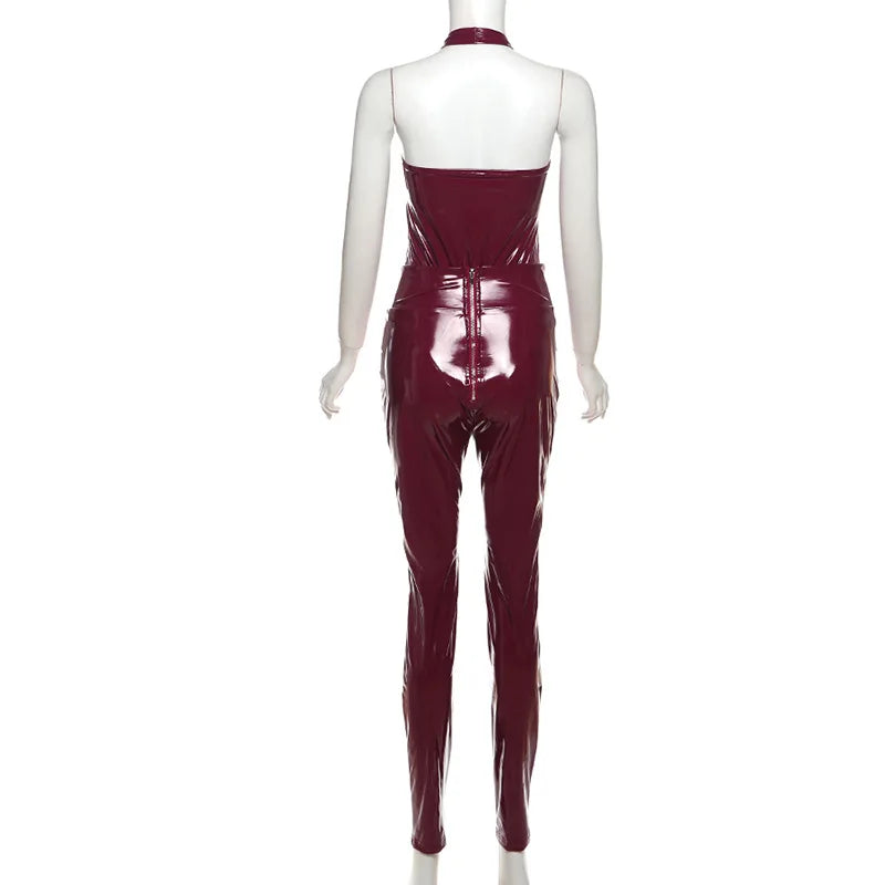 CM.YAYA Women Set PU Leather Halter V-neck Top + Pencil Pants Suits 2025 Fitness Streetwear Two 2 Piece Sets Outfits Tracksuit