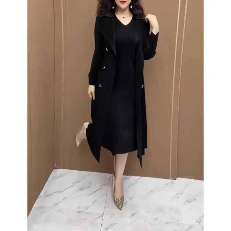 Spring Autumn Fashion Slim Pleated Suit Collar Fake Two Piece Windbreaker Coat Comfortable Waist Shrinking Elastic Dress Belt
