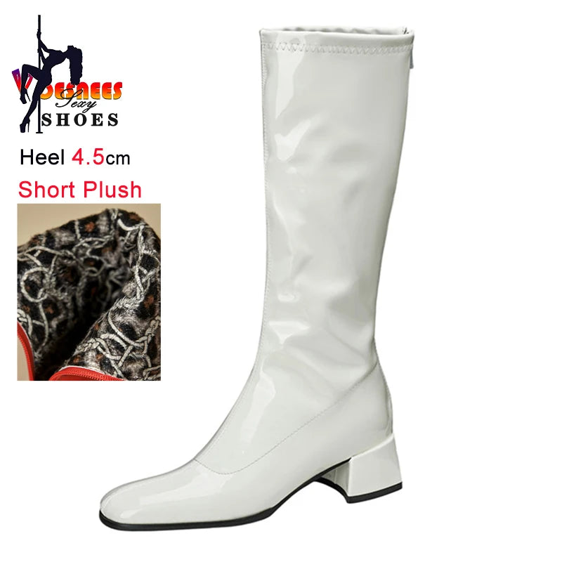 Red Patent Leather Square Toe Knee-High Boots for Women