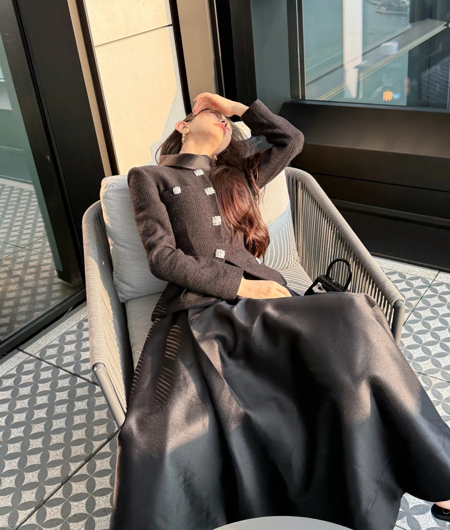 Autumn Winter High-end French Fashion Woolen Patchwork Black Long-sleeved Slim Dress High-waisted Slim Elegant Large Hem Dress