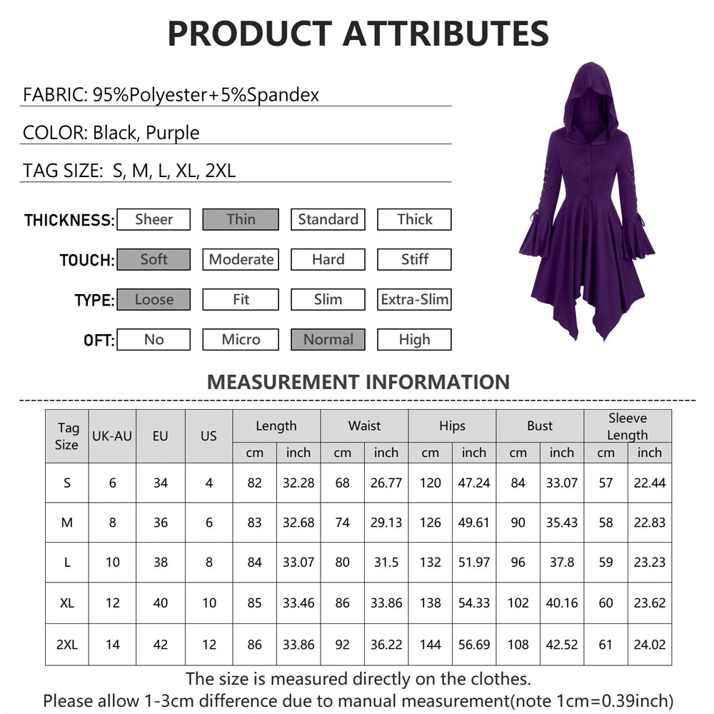 Halloween Women's Gothic Hooded Ruffle Flared Sleeve Lace Up Cloak Cape Tunic Tops Ladies Party Witch Costume Size S-2XL