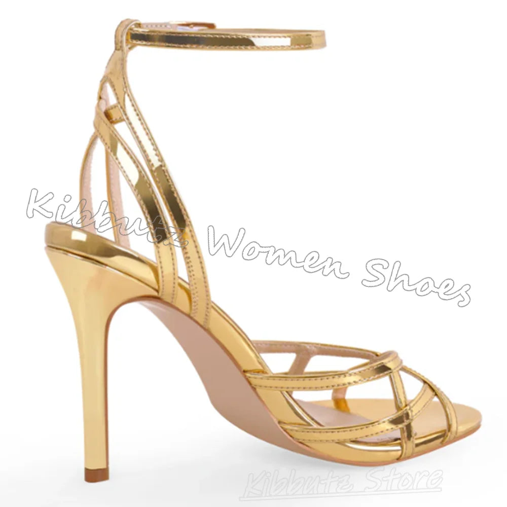 Concise Sandals Buckle Strap Leather Solid Color Hollow Round Toe Thin Heel Fashion Luxury Elegant Party Wedding Women Shoes New