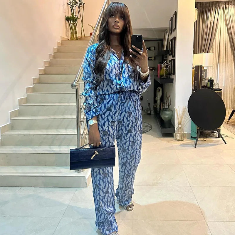 Pant Set Women Two Piece Sets Print Loose Casual Matching Sets Y2k Streetwear Shirt Tops Wide Leg Long Pants High Waist 2025