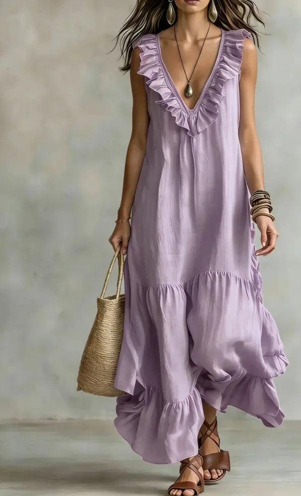 Spaghetti Strap V Neck Ruffle Trim Tiered Loose Flowy Maxi Dress for Women