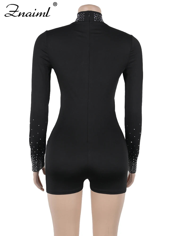 Znaiml Women's Long Sleeve O Neck Short Jumpsuit with Rhinestone Sheer See Through Stretch Bodycon for Nightclub Birthday Party