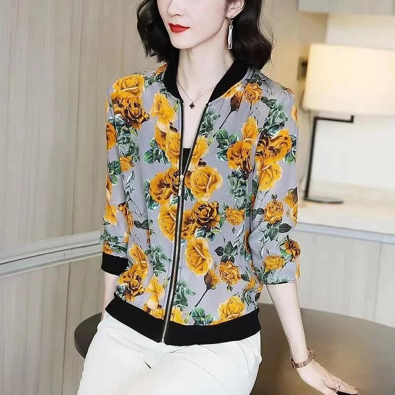 Fashion Print Jacket Female Spring Top 2024Summer UV Protection Joker Short Chiffon Sunscreen Clothing Female Top Thin Shirt Top