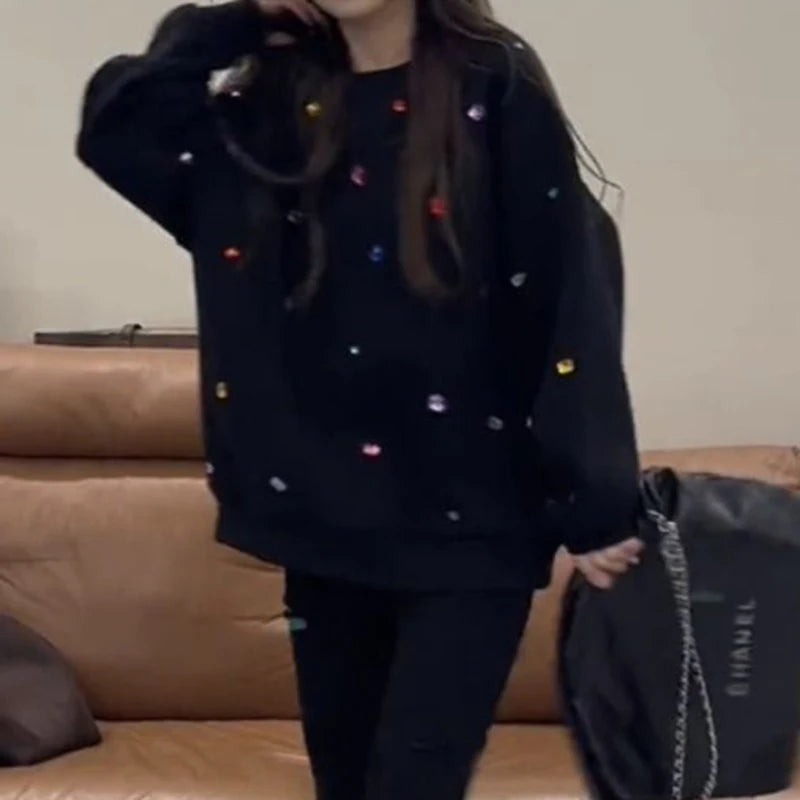 Korean style color drill turtle neck women's autumn and winter fashion shoulder-length long sleeve loose Joker black sweater