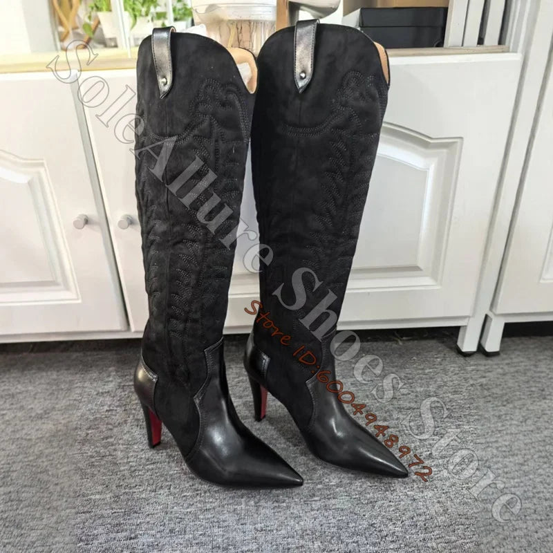 Black Embroidered Western Knee High Boots for Women