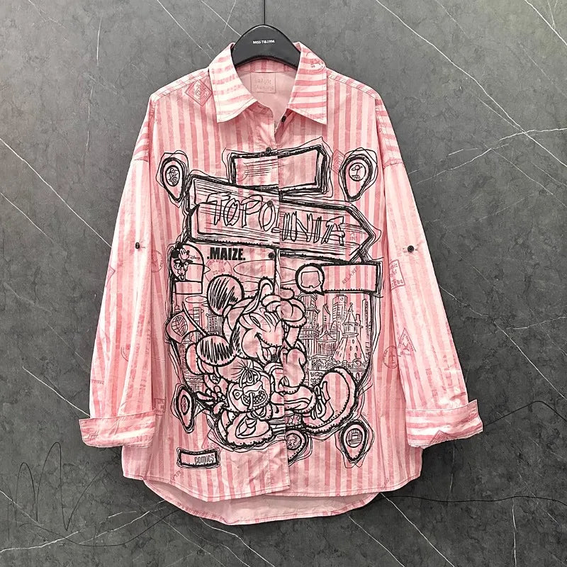 Spring and Summer New Cartoon Design Striped Long-sleeved Shirt Women's Loose Sweet College Style Long Pink Top Single Breasted