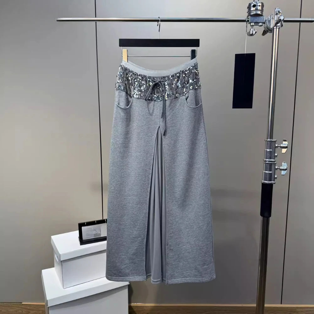 VGH Elegant Office Lady Patchwork Sequined Long Skirt for Women High Waist Spliced Mesh Split Temperament Skirts Female Spring