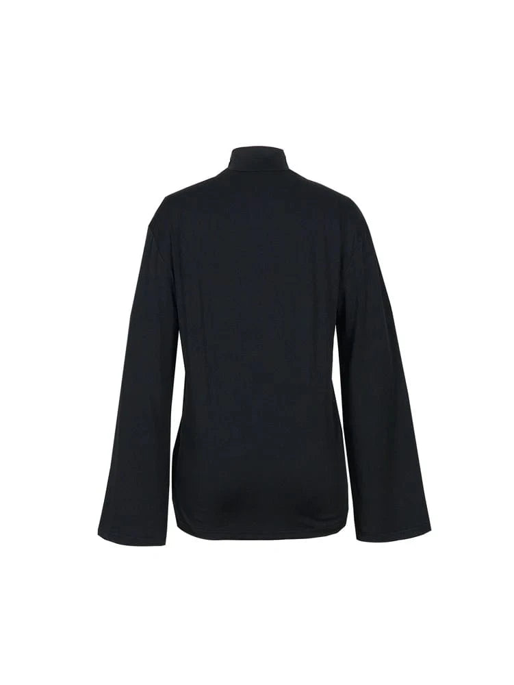 2025 Summer New Women's Tops Flared Long Sleeve Turtleneck Top Color Black Polyester Printed Pattern Explosion