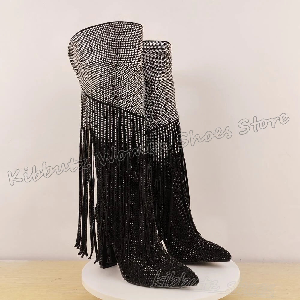 Crystal Knee High Boots Glossy Pointy Chunky Heels Luxury Novelty Elegant Concise Sexy Fashion Luxury Women Shoes Newest Slip-On