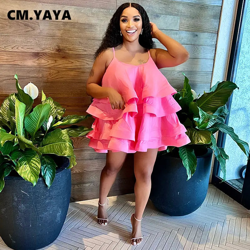 CM.YAYA Women Spaghetti Strap Tierred Big Swing Sleeveless Ball Gown Mini Dress 2023 Vintage Party Evening High Street Dresses