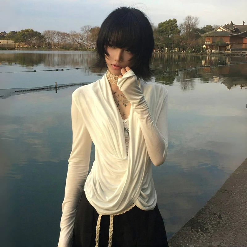 Karrram Japanese Y2k Cross Tops Trashy 2000s Style V-neck Long Sleeve T-shirt Vintage Harajuku White Irregular Tops American 90s