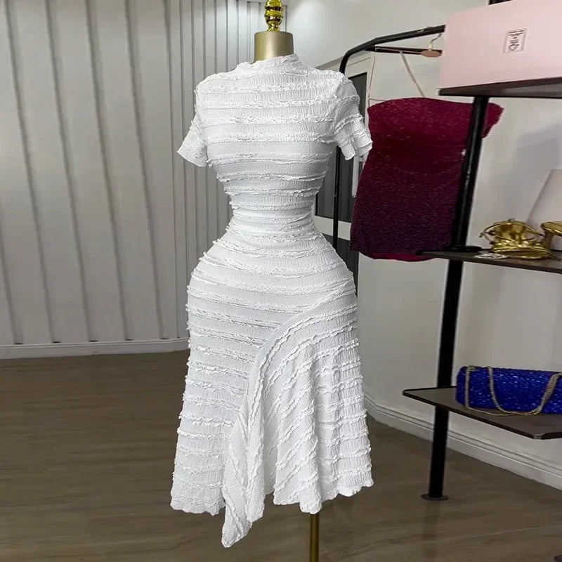 Women Short Sleeve O-neck Big Swing Elastic Dress 2025 Sweet Elegant Sexy Birthday Beach Night Party Vestidos Dresses
