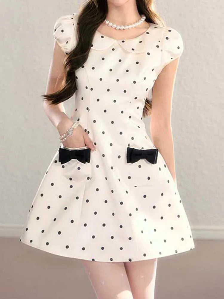 French Polka Dot Doll Collar A Line Bow Dress For Women