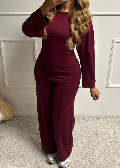 Autumn Casual Loose 2-Piece Set of Solid Color Round Neck Pit Stripe Spliced Top and High Waisted Straight Leg Pants Set