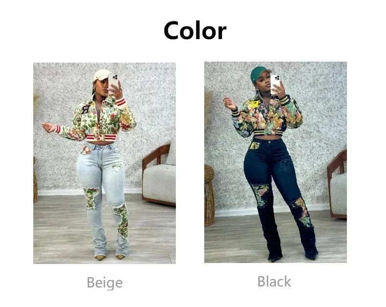 Streetwear Floral Print Short Jacket Sexy Women Turn Down Collar Elegant High Street Club Coat Outerwear