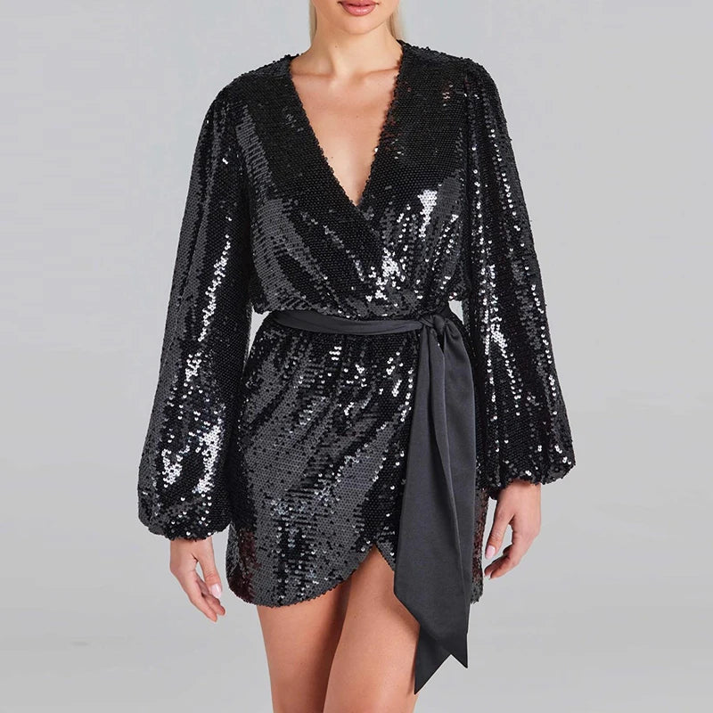 Sequin V-Neck Lantern Sleeve Mini Party Dress for Women