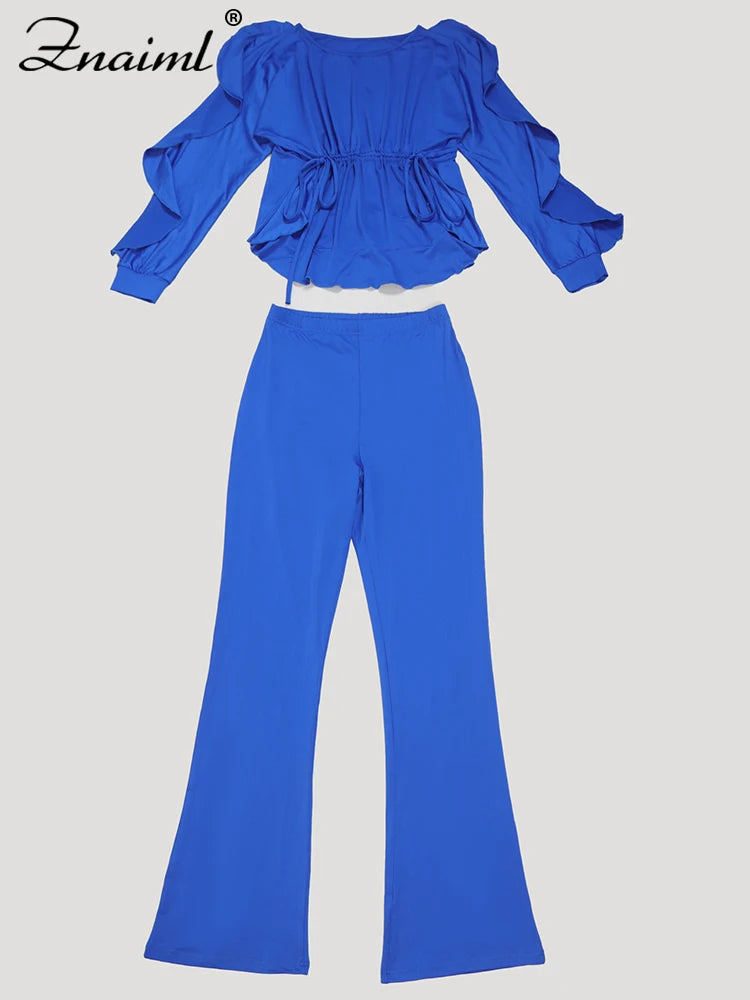 Znaaiml Elegant Blue 2 Piece Pants Sets Women Lantern Sleeve Drawstring Ruched Ruffles Top and Trousers Casual Street OL Outfits