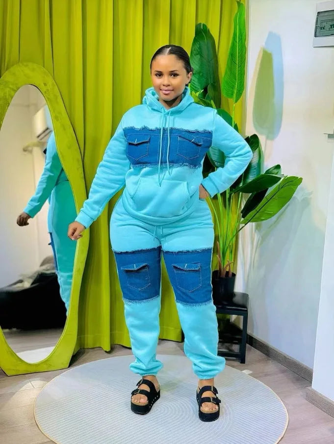 Pants Set Women Two Piece Sets Hooded Matching Sets Sweatshirts Long Pants High Waist Denim Splice Y2k Casual Jogger 2025