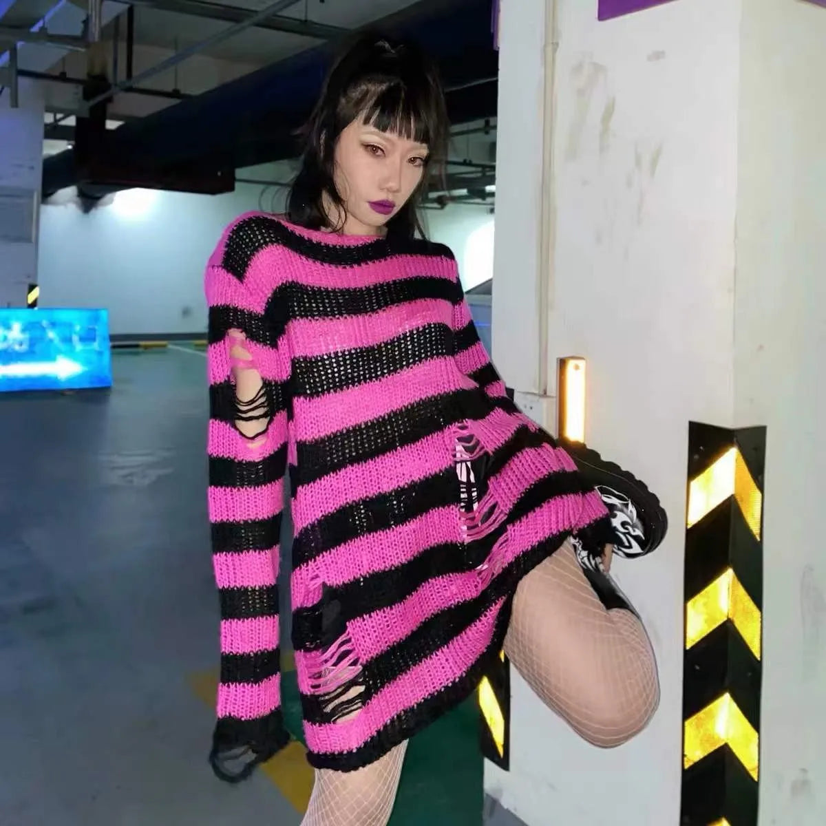 Karrram Punk Gothic Sweater Emo Tops E-girls Mall Goth Pullovers Y2k Harajuku Grunge Clothes Alt Dark Aesthetic Striped Jumpers