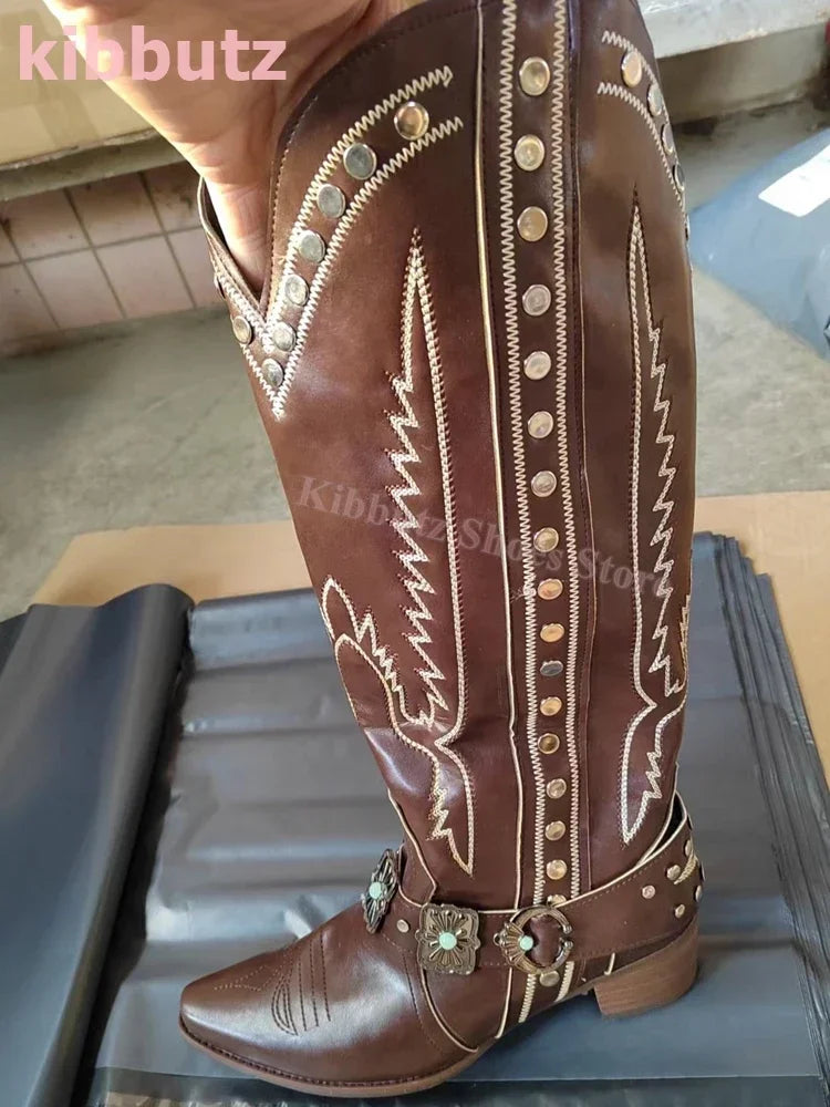 Cowboy Boots Knee High Rivet Leather Fashion Luxury Concise Elegant Sexy Pointed Toe Square Heels Side Zipper Women Shoes Newest