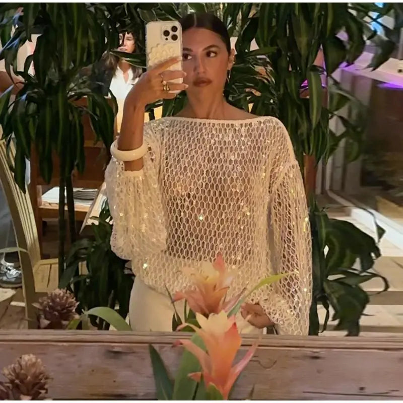 White Hollow Crochet Off Shoulder Long Sleeve Top For Women