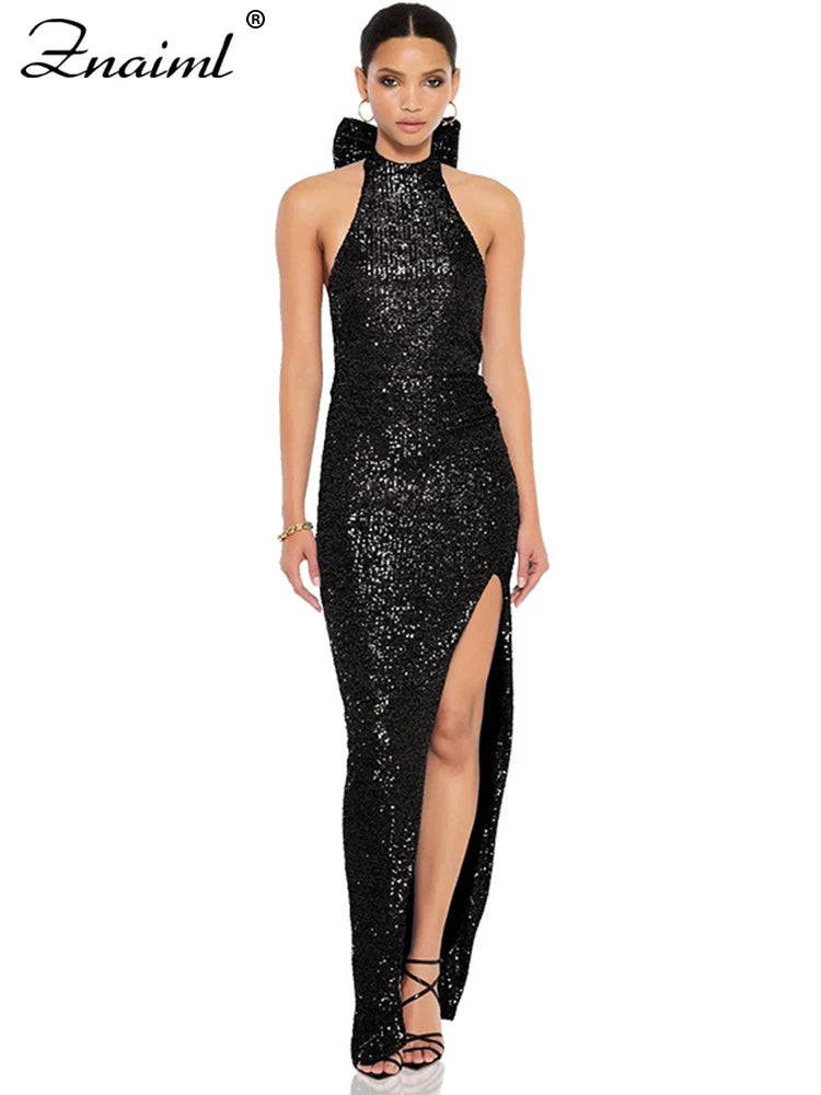 Znaiml Elegant Luxury Sequin Halter Big Bow Backless Long Dresses Women Sleeveless High Split Birthday Evening Wedding Vestidos