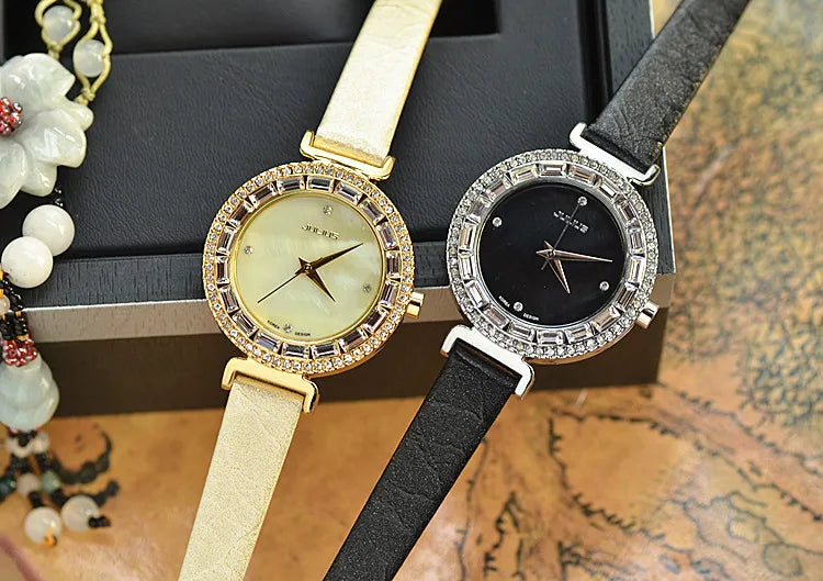 Mother-of-pearl Rhinestones Julius Lady Women's Watch Fashion Hours Bracelet Real Blue Leather Girl's Birthday Gift Box