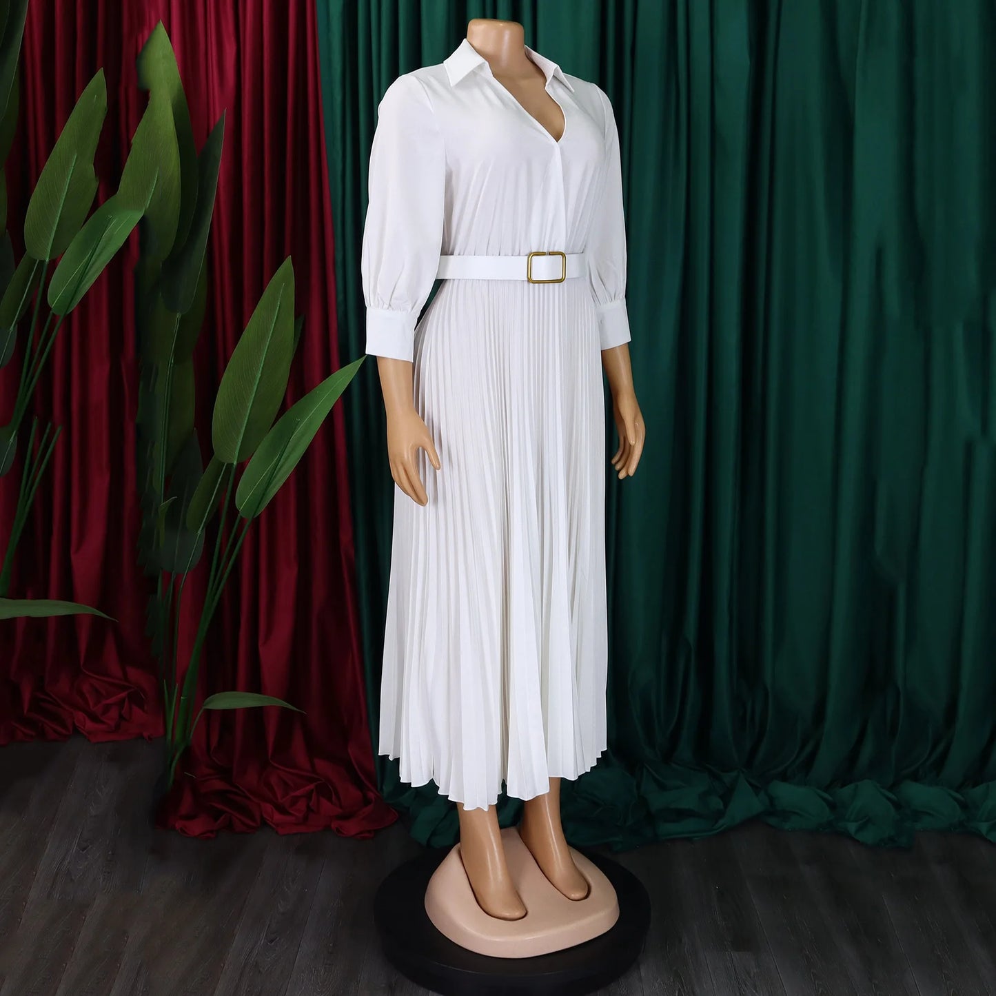 Elegant Office Dresses for Women Pleated Deep V Neck Full Sleeve Belt Waisted Ankle Length African Business Work Wear Dress New