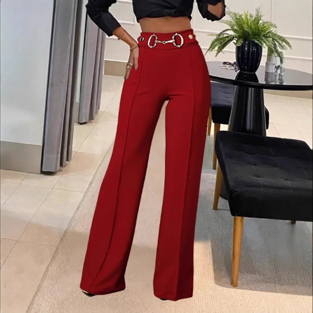 Fashionable High-Waisted Metal Buckle Decorated Solid Color Women's Straight-Leg Trousers New Style Independent Station Clothing