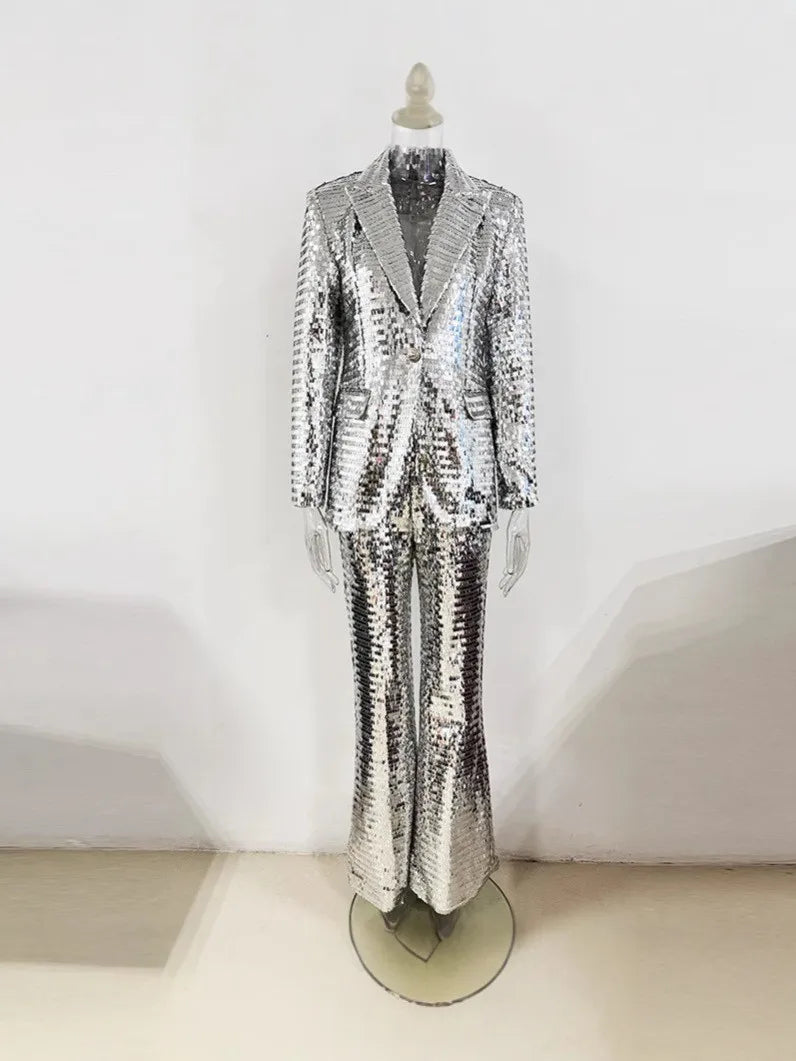 HIGH STREET Newest 2025 Stylish Designer Suit Set Women's Trim Single Button mesh Sequined Blazer Pants Set