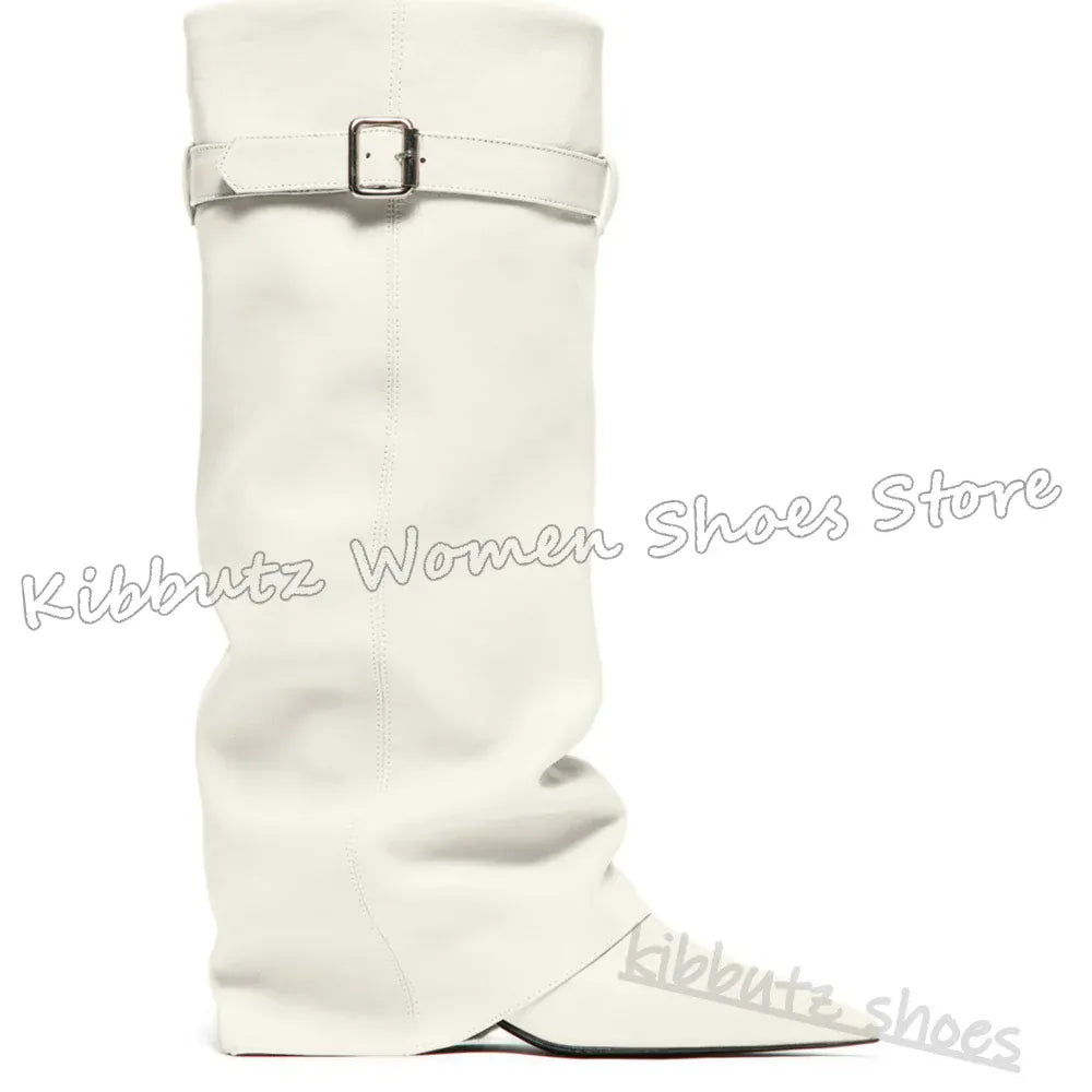 Belt Buckle Pleated Leather Knee Boots
