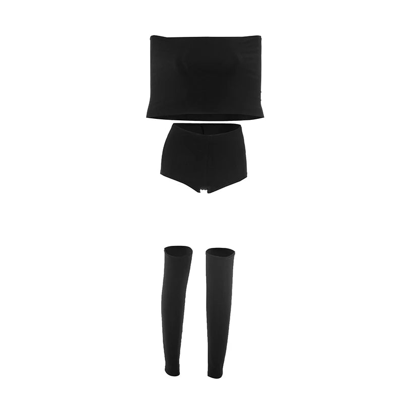 Weird Puss Summer 2 Piece Set Women Simple Trend Slash Neck Mid Sleeve Crop Tops+Shorts+Foot Cover Matching Streetwear Outfits