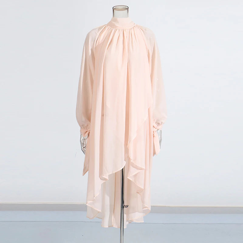 TWOTWINSTYLE Solid Loose Sheer Spliced Folds Fashion Blouses for Women High Neck Long Sleeves Irregular Blouse Female Clothing