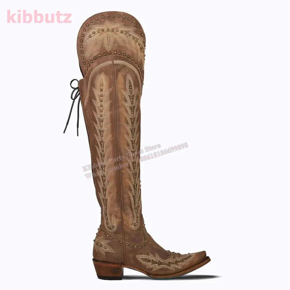 Rivet Cowboy Vintage Boots Over The Knee High Embroidery Lace-Up Luxury Leather Pointed Toe Chunky Heels Fashion Concise Shoes