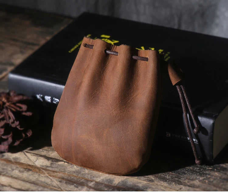 LUOKIR Men's Genuine Leather Coin Purse Simple Vintage Small Card Bag Women's Cowhide Wallet Keys Money Drawstring Storage Bags