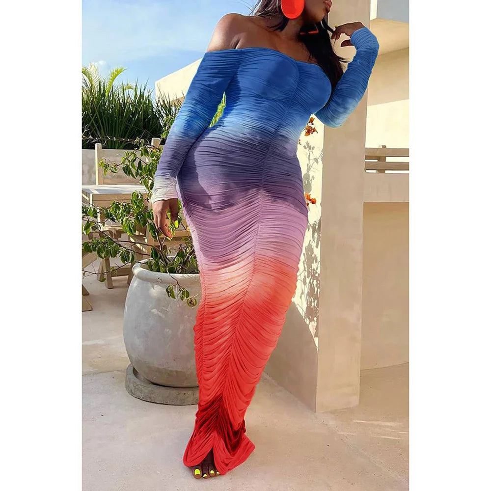 Plus Size Multicolor Tie Dye Ruched Off Shoulder Maxi Dress for Women