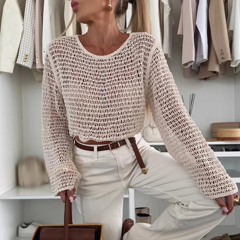 New Summer Beach Holiday Sunscreen Cover Up Blouses Sexy Long Sleeved Solid Pullover Casual O Neck Hollow Out Knitted Slim Tops