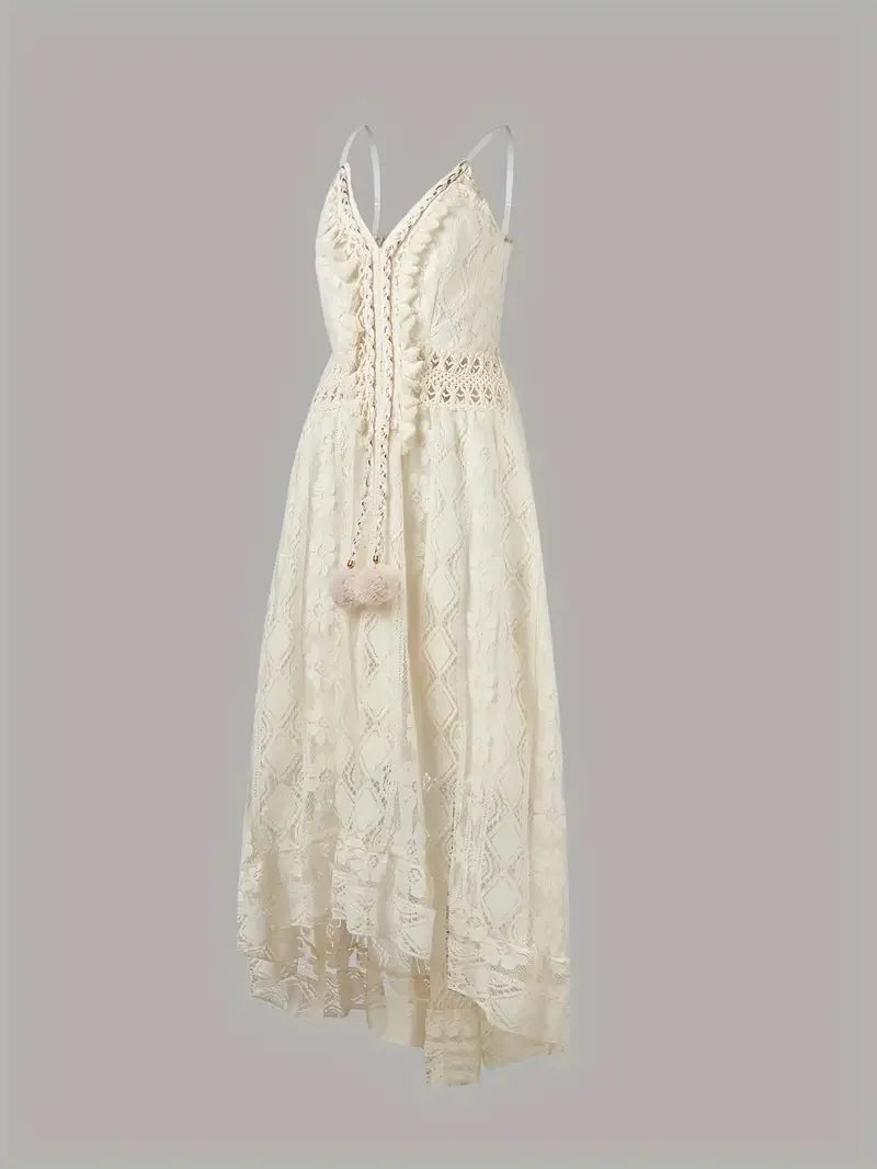 Summer Women Lace Strapless Flared Maxi Dress Solid White Long Dress Sleeveless V Neck Flowy Ruffle Bohemian Dresses