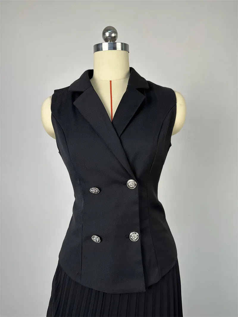 CM.YAYA Street OL Work Women's Set Sleeveless Vest Tops and Pleated Skirts Suit 2024 Summer INS Two 2 Piece Set Outfit Tracksuit