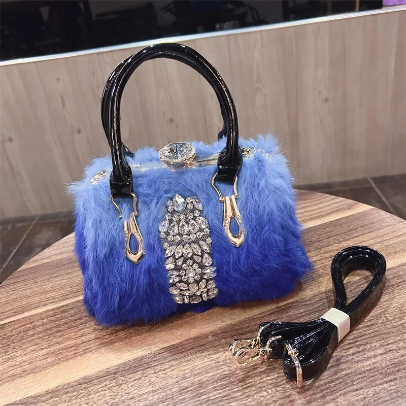 Original Designer Brand Rabbit Hair Bag New Fashion Leather Handcarry Shoulder Crossbody with Diamond Hair Bags for Women